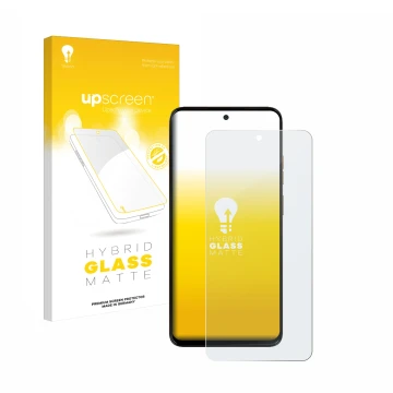 Parte frontal de un envase de producto con el logotipo de la marca upscreen. Al lado se muestra el dispositivo Motorola Moto G