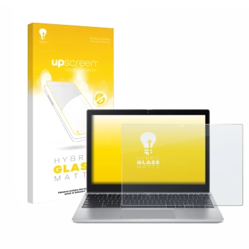 Parte frontal de un envase de producto con el logotipo de la marca upscreen. Al lado se muestra el dispositivo Acer Chromebook