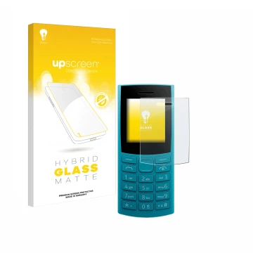 Parte frontal de un envase de producto con el logotipo de la marca upscreen. Al lado se muestra el dispositivo Nokia 105 4G 2n