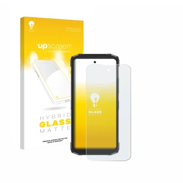 Parte frontal de un envase de producto con el logotipo de la marca upscreen. Al lado se muestra el dispositivo Doogee Fire 6 P