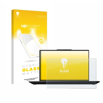 Parte frontal de un envase de producto con el logotipo de la marca upscreen. Al lado se muestra el dispositivo Lenovo ThinkPad