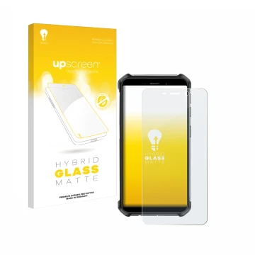 Parte frontal de un envase de producto con el logotipo de la marca upscreen. Al lado se muestra el dispositivo Ulefone Armor X