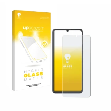 Parte frontal de un envase de producto con el logotipo de la marca upscreen. Al lado se muestra el dispositivo Cubot A20 con s