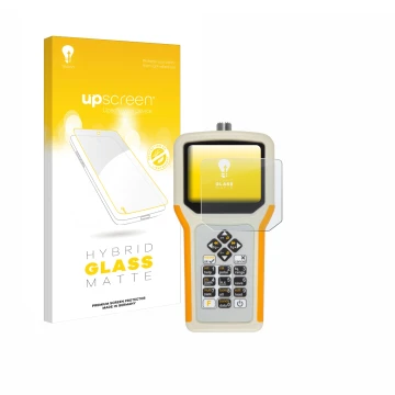 Parte frontal de un envase de producto con el logotipo de la marca upscreen. Al lado se muestra el dispositivo RigExpert AA-55