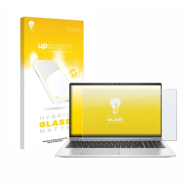 Parte frontal de un envase de producto con el logotipo de la marca upscreen. Al lado se muestra el dispositivo HP EliteBook 65
