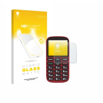 Parte frontal de un envase de producto con el logotipo de la marca upscreen. Al lado se muestra el dispositivo Doro 1360 con s