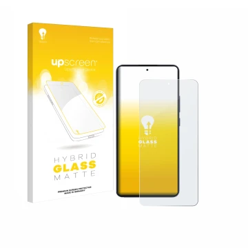 Parte frontal de un envase de producto con el logotipo de la marca upscreen. Al lado se muestra el dispositivo Oppo Reno 13 F 