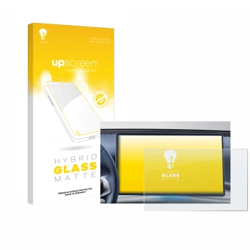 Parte frontal de un envase de producto con el logotipo de la marca upscreen. Al lado se muestra el dispositivo BYD Atto 3 Desi