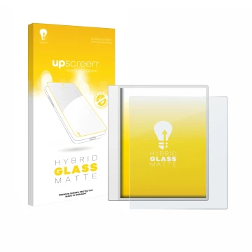 Parte frontal de un envase de producto con el logotipo de la marca upscreen. Al lado se muestra el dispositivo Boox Note Max c