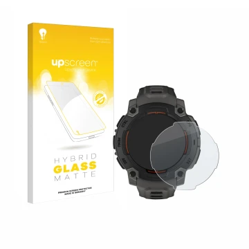 Parte frontal de un envase de producto con el logotipo de la marca upscreen. Al lado se muestra el dispositivo Garmin Instinct