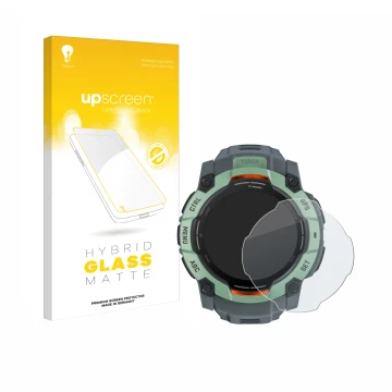 Parte frontal de un envase de producto con el logotipo de la marca upscreen. Al lado se muestra el dispositivo Garmin Instinct