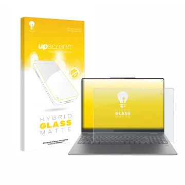 Parte frontal de un envase de producto con el logotipo de la marca upscreen. Al lado se muestra el dispositivo Lenovo Yoga 7 2