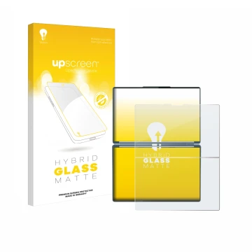 Parte frontal de un envase de producto con el logotipo de la marca upscreen. Al lado se muestra el dispositivo Lenovo Yoga Boo