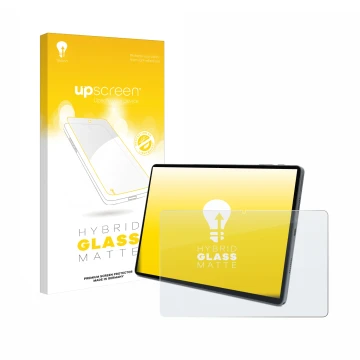 Parte frontal de un envase de producto con el logotipo de la marca upscreen. Al lado se muestra el dispositivo Terra Pad 1007 