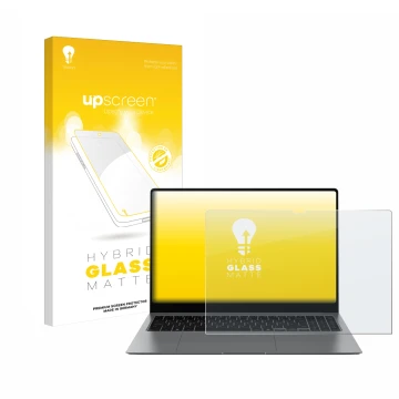 Parte frontal de un envase de producto con el logotipo de la marca upscreen. Al lado se muestra el dispositivo Samsung Galaxy 