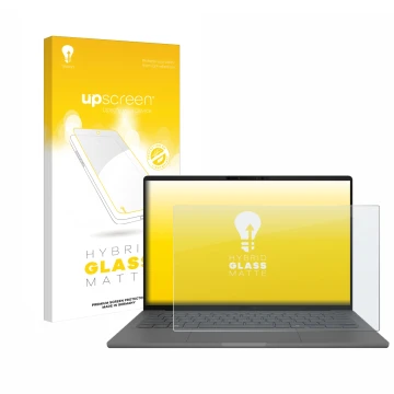 Parte frontal de un envase de producto con el logotipo de la marca upscreen. Al lado se muestra el dispositivo ASUS ZenBook A1