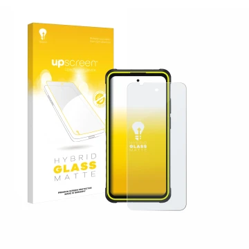 Parte frontal de un envase de producto con el logotipo de la marca upscreen. Al lado se muestra el dispositivo Ulefone Armor X