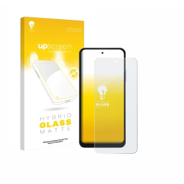 Parte frontal de un envase de producto con el logotipo de la marca upscreen. Al lado se muestra el dispositivo Hotwav Note 13 