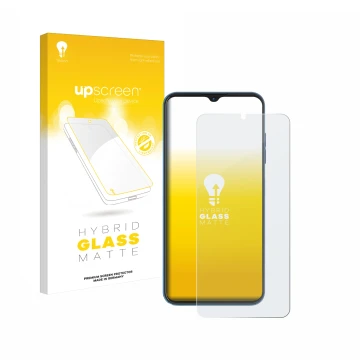 Parte frontal de un envase de producto con el logotipo de la marca upscreen. Al lado se muestra el dispositivo Hotwav Note 13 