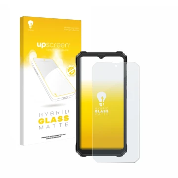 Parte frontal de un envase de producto con el logotipo de la marca upscreen. Al lado se muestra el dispositivo Blackview BV620