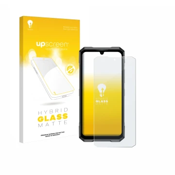 Parte frontal de un envase de producto con el logotipo de la marca upscreen. Al lado se muestra el dispositivo Doogee Blade GT