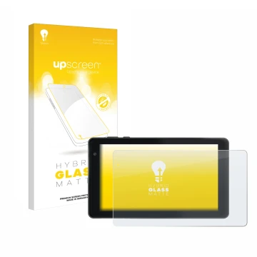 Parte frontal de un envase de producto con el logotipo de la marca upscreen. Al lado se muestra el dispositivo Lisciani Mio Ta