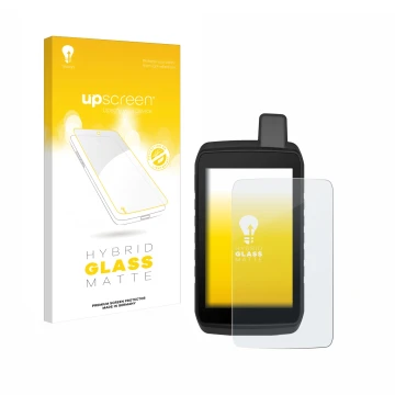 Parte frontal de un envase de producto con el logotipo de la marca upscreen. Al lado se muestra el dispositivo Garmin Montana 