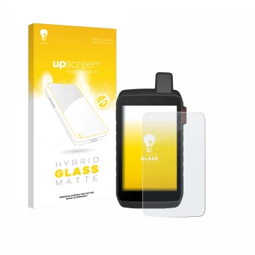 Parte frontal de un envase de producto con el logotipo de la marca upscreen. Al lado se muestra el dispositivo Garmin Montana 