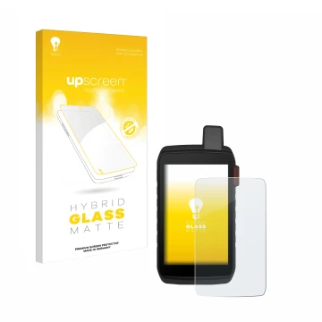 Parte frontal de un envase de producto con el logotipo de la marca upscreen. Al lado se muestra el dispositivo Garmin Montana 