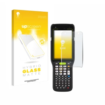 Parte frontal de un envase de producto con el logotipo de la marca upscreen. Al lado se muestra el dispositivo Zebra MC3400 co