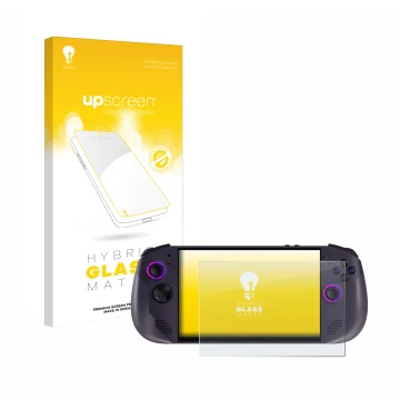 Parte frontal de un envase de producto con el logotipo de la marca upscreen. Al lado se muestra el dispositivo Lenovo Legion G