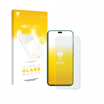 Parte frontal de un envase de producto con el logotipo de la marca upscreen. Al lado se muestra el dispositivo Honor X8c con s