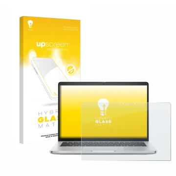 Parte frontal de un envase de producto con el logotipo de la marca upscreen. Al lado se muestra el dispositivo Dell Pro 14 Plu