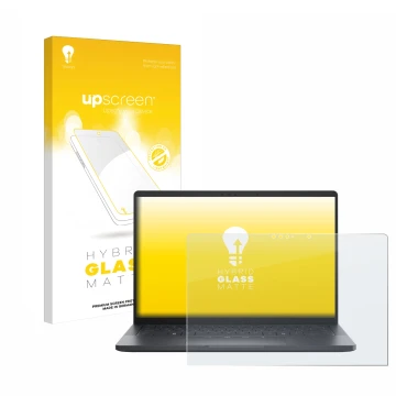 Parte frontal de un envase de producto con el logotipo de la marca upscreen. Al lado se muestra el dispositivo Dell Pro 13 Pre