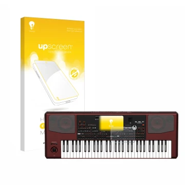 Parte frontal de un envase de producto con el logotipo de la marca upscreen. Al lado se muestra el dispositivo KORG Pa700 con 