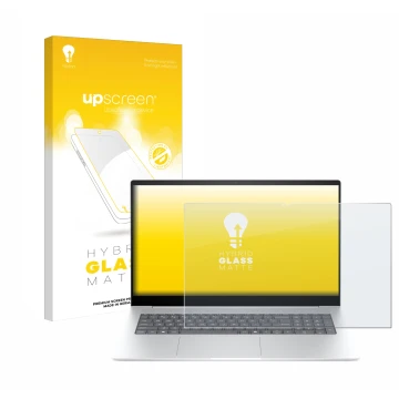 Parte frontal de un envase de producto con el logotipo de la marca upscreen. Al lado se muestra el dispositivo HP Envy 17-da07