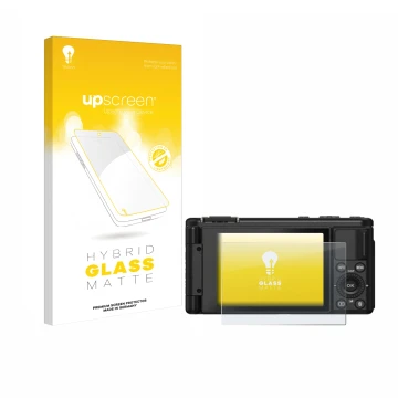 Parte frontal de un envase de producto con el logotipo de la marca upscreen. Al lado se muestra el dispositivo Yashica City 20