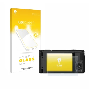 Parte frontal de un envase de producto con el logotipo de la marca upscreen. Al lado se muestra el dispositivo Yashica City 10