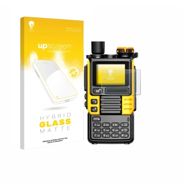 Parte frontal de un envase de producto con el logotipo de la marca upscreen. Al lado se muestra el dispositivo Quansheng UV-K5