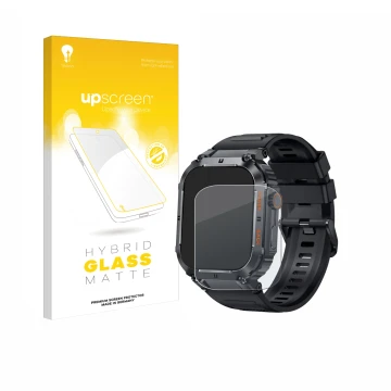 Parte frontal de un envase de producto con el logotipo de la marca upscreen. Al lado se muestra el dispositivo bedee Smartwatc