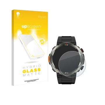 Parte frontal de un envase de producto con el logotipo de la marca upscreen. Al lado se muestra el dispositivo Blackview W50 P