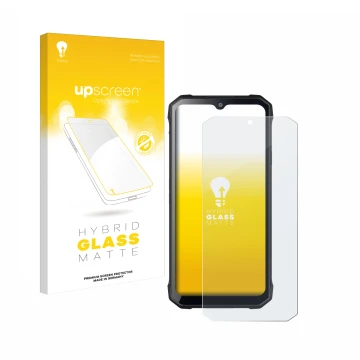 Parte frontal de un envase de producto con el logotipo de la marca upscreen. Al lado se muestra el dispositivo Hotwav T7S con 