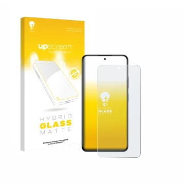 Parte frontal de un envase de producto con el logotipo de la marca upscreen. Al lado se muestra el dispositivo myPhone N23 Plu