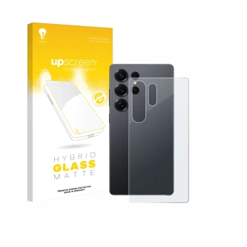 Parte frontal de un envase de producto con el logotipo de la marca upscreen. Al lado se muestra el dispositivo Samsung Galaxy 