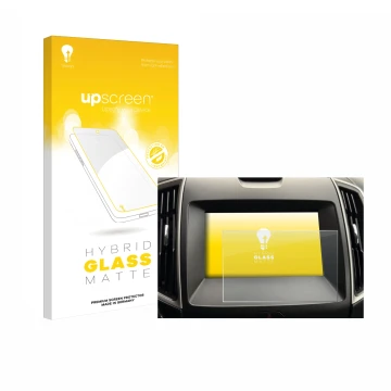 Parte frontal de un envase de producto con el logotipo de la marca upscreen. Al lado se muestra el dispositivo Ford Galaxy Inf