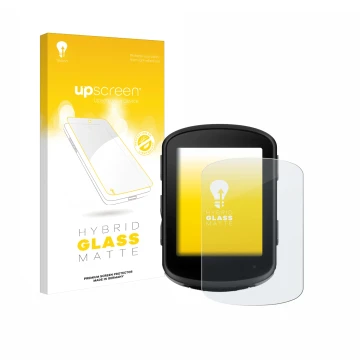 Parte frontal de un envase de producto con el logotipo de la marca upscreen. Al lado se muestra el dispositivo Garmin Edge 540