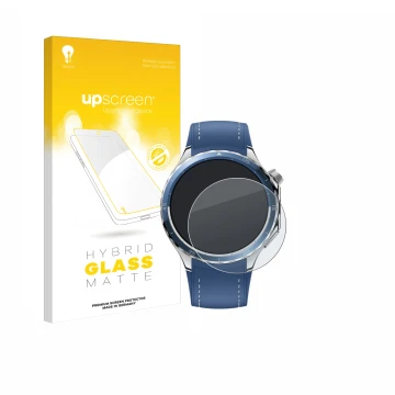 Parte frontal de un envase de producto con el logotipo de la marca upscreen. Al lado se muestra el dispositivo Oppo Watch X2 c