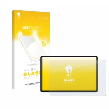 Parte frontal de un envase de producto con el logotipo de la marca upscreen. Al lado se muestra el dispositivo Teclast P50 AI 