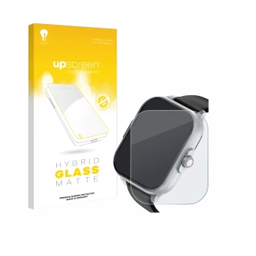 Parte frontal de un envase de producto con el logotipo de la marca upscreen. Al lado se muestra el dispositivo YYKY E02 2.01