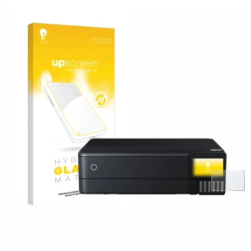 Parte frontal de un envase de producto con el logotipo de la marca upscreen. Al lado se muestra el dispositivo Epson EcoTank E